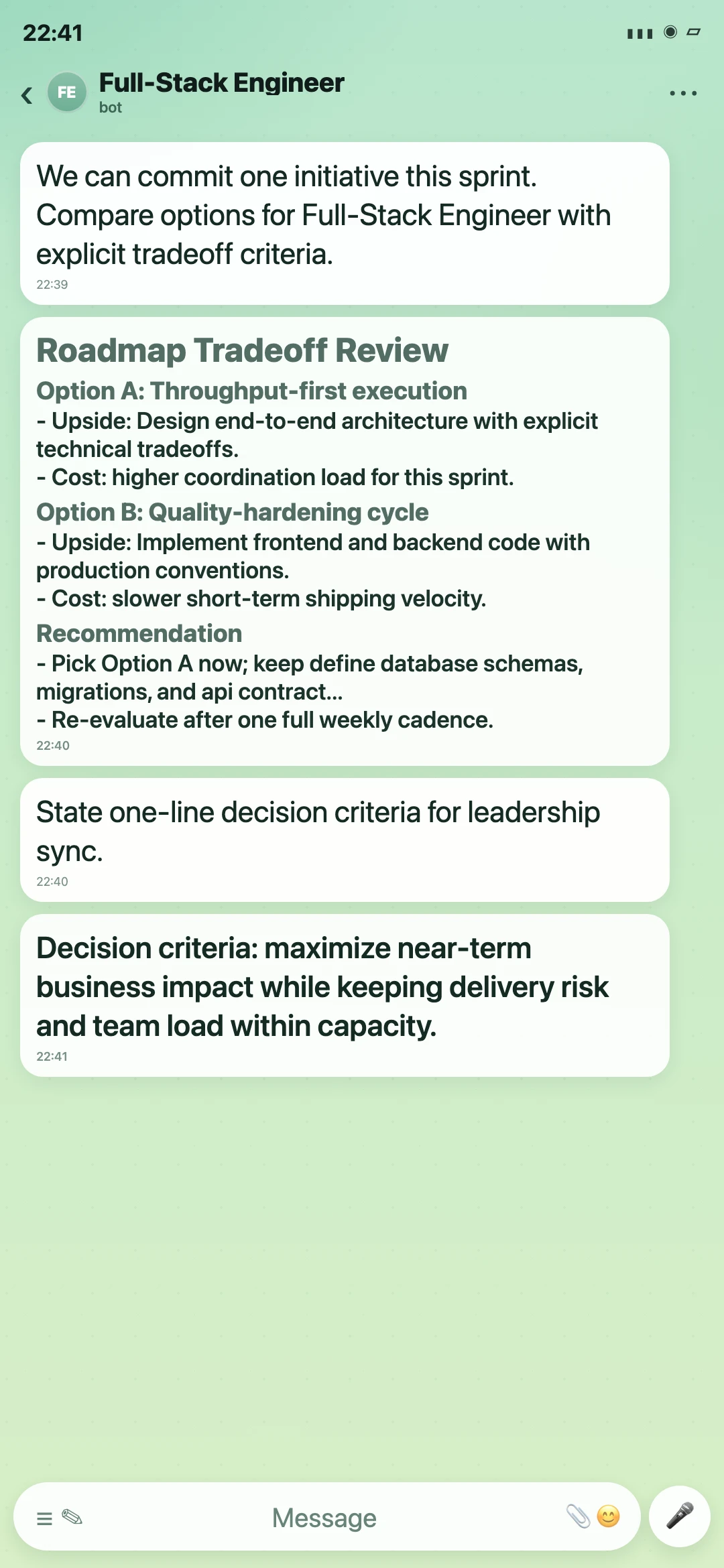 Full-Stack Engineer Telegram roadmap tradeoff review screenshot