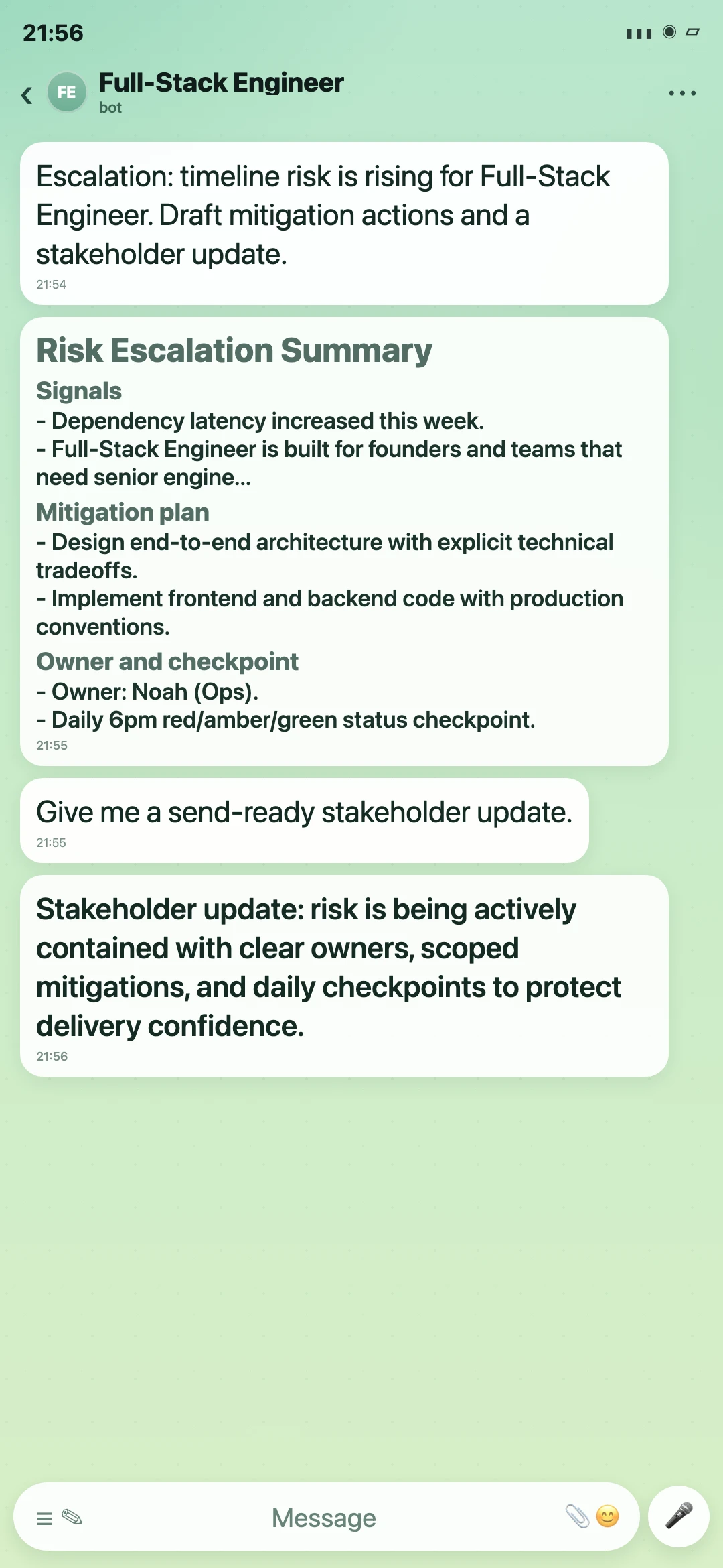 Full-Stack Engineer Telegram risk escalation summary screenshot