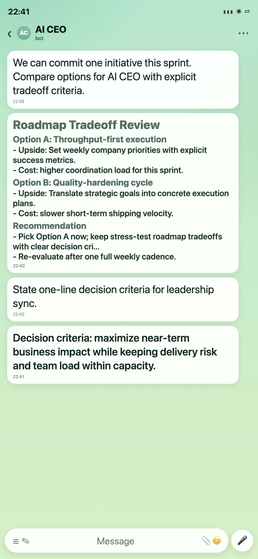 AI CEO Telegram roadmap tradeoff screenshot