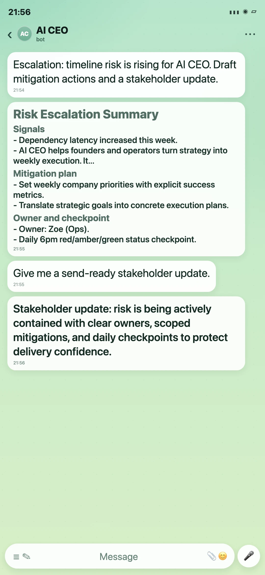 AI CEO Telegram risk escalation screenshot