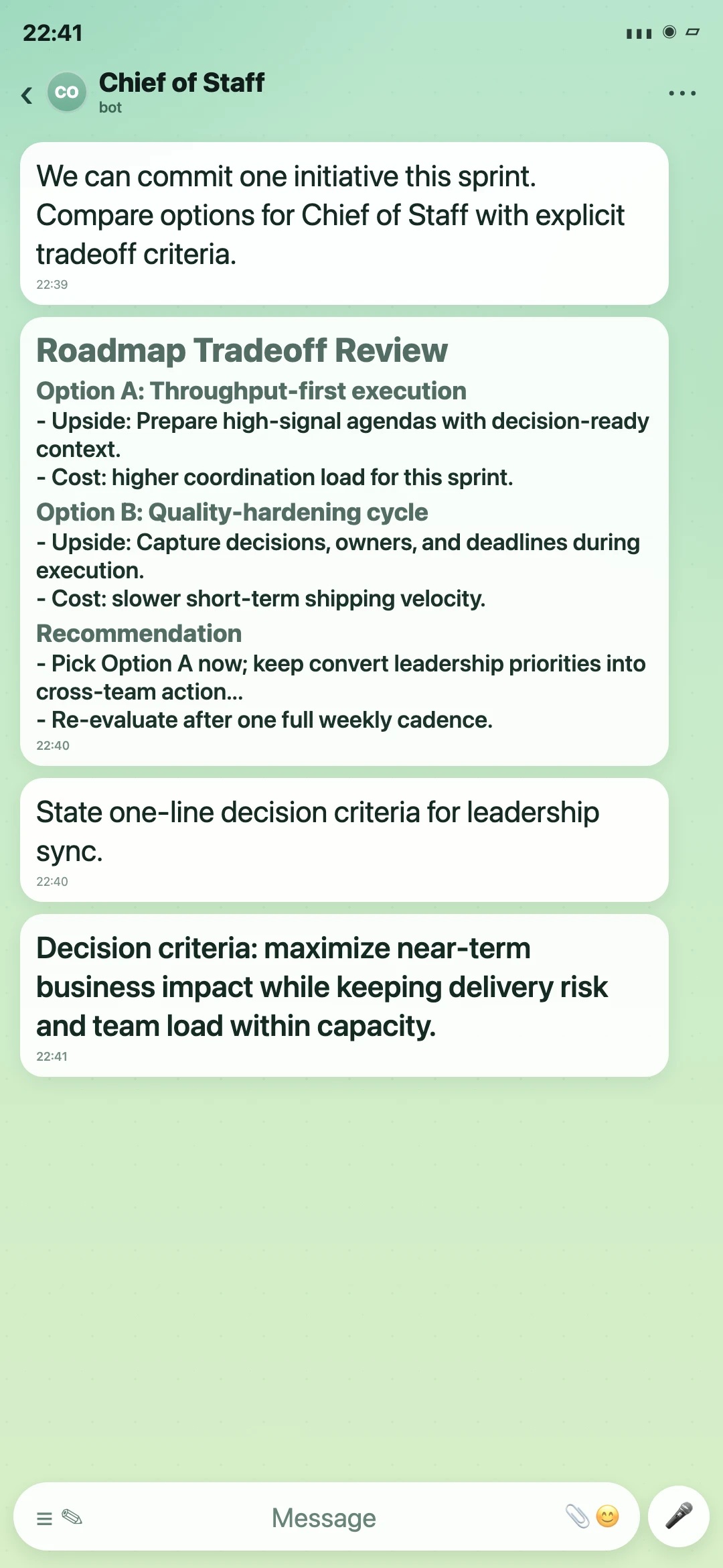 Chief of Staff Telegram roadmap tradeoff review screenshot