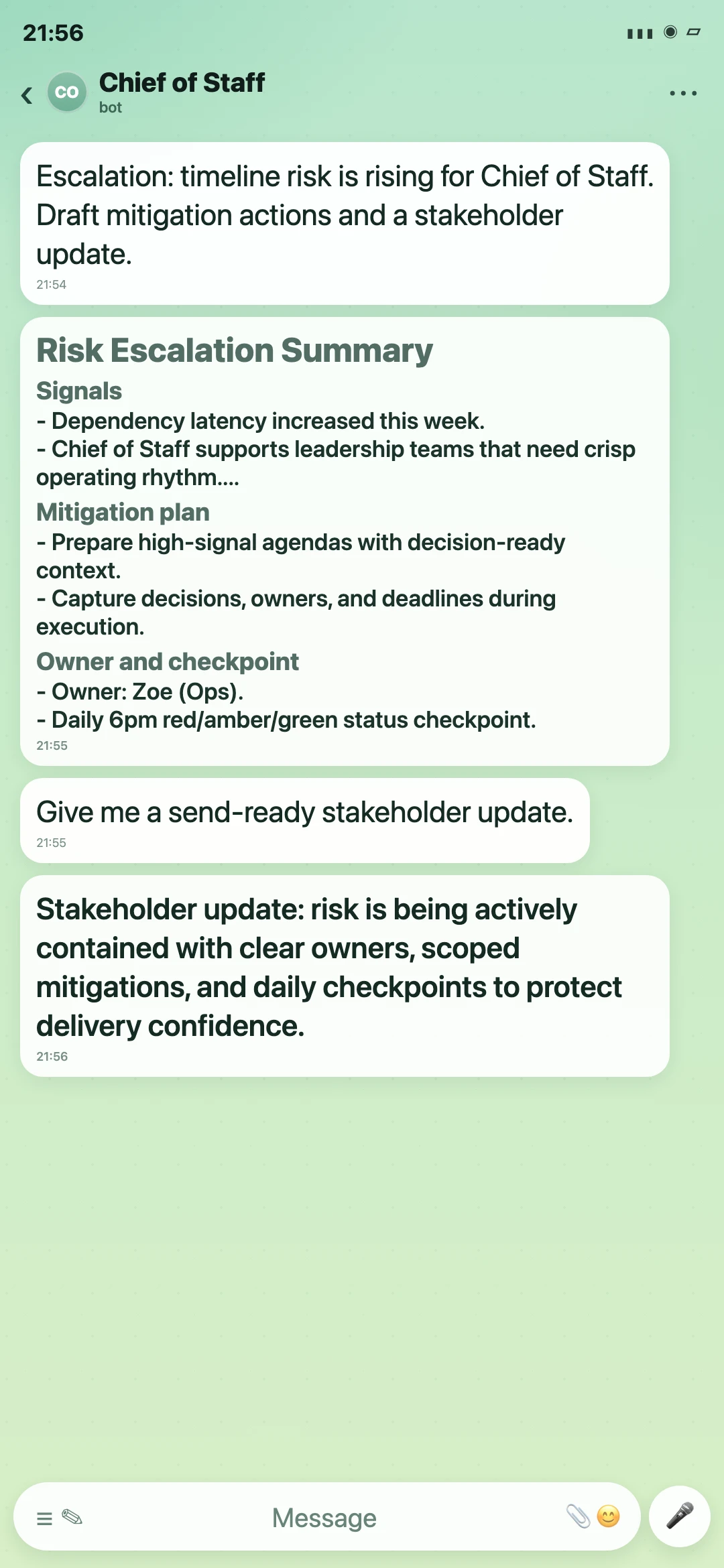Chief of Staff Telegram risk escalation summary screenshot