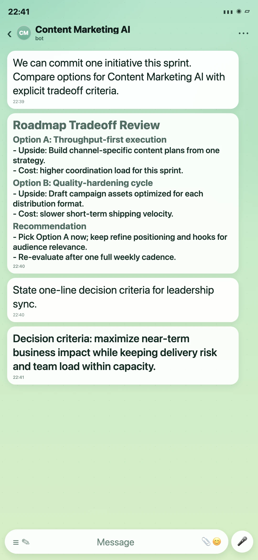 Content Marketing AI Telegram roadmap tradeoff review screenshot