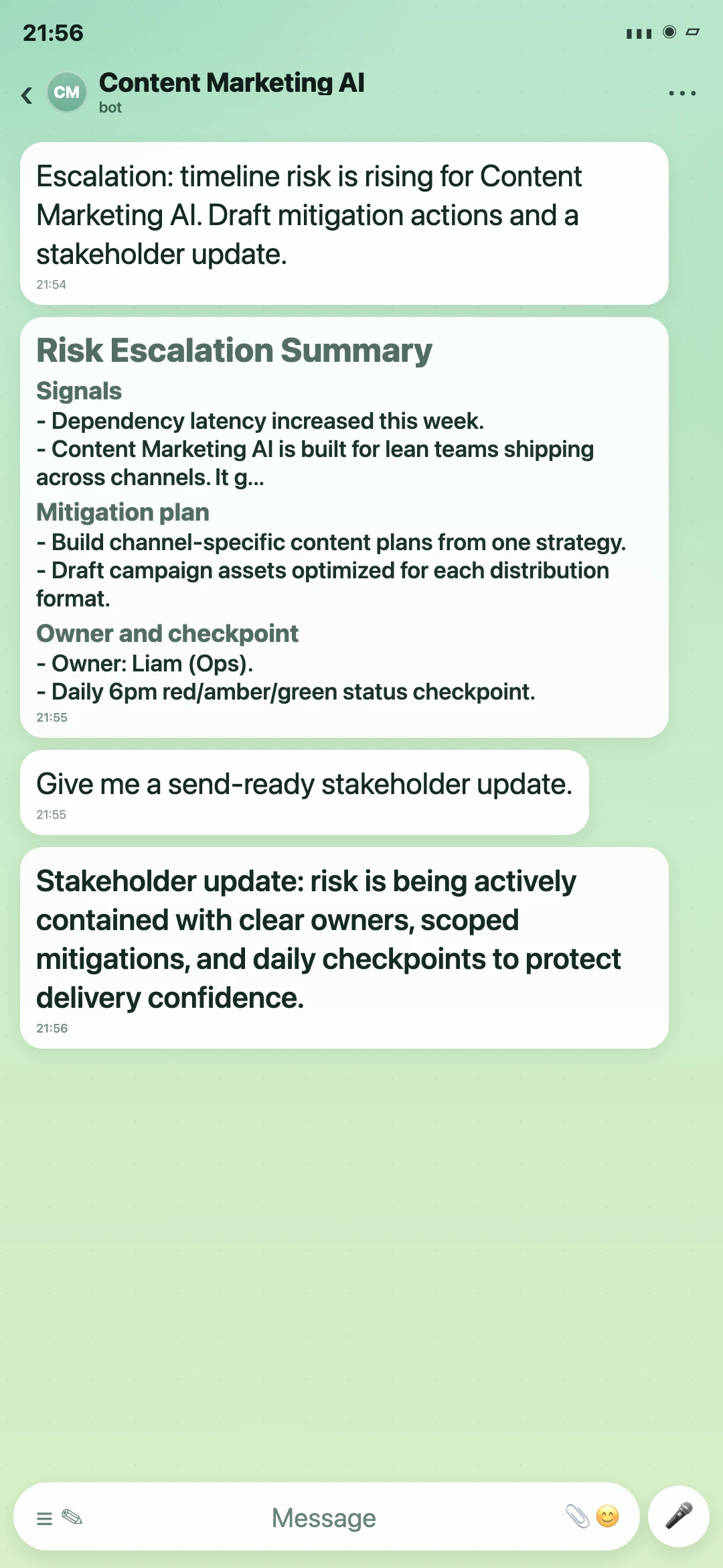 Content Marketing AI Telegram risk escalation summary screenshot